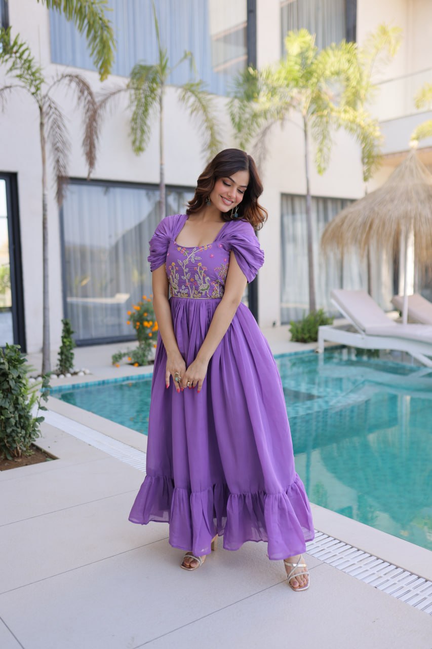 Grace Meets Glamour in This Viral Purple Embroidered Long Dress