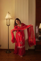 Red Embroidered Georgette Kurti Gharara Set with Dupatta