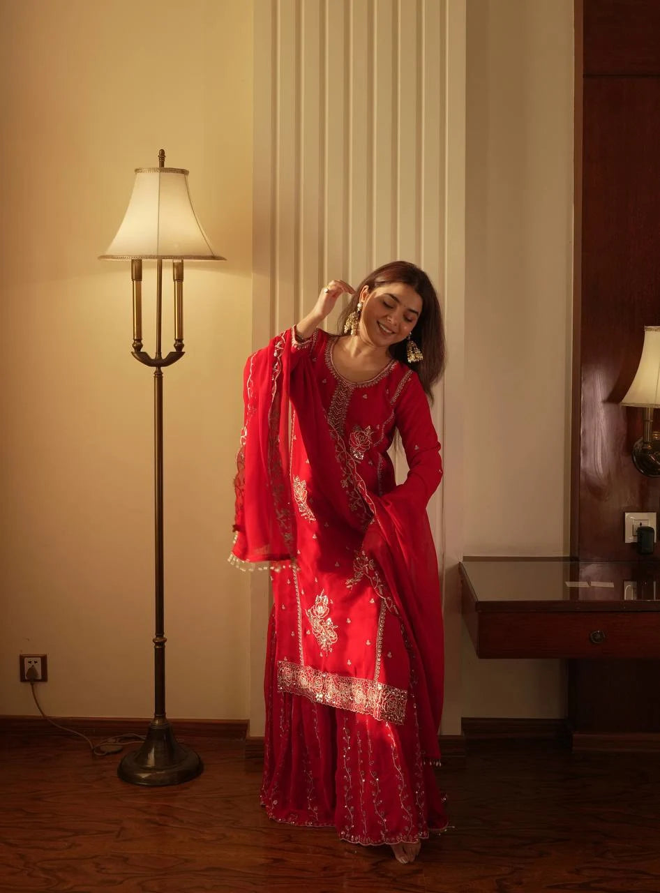 Red Embroidered Georgette Kurti Gharara Set with Dupatta