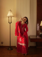 Red Embroidered Georgette Kurti Gharara Set with Dupatta