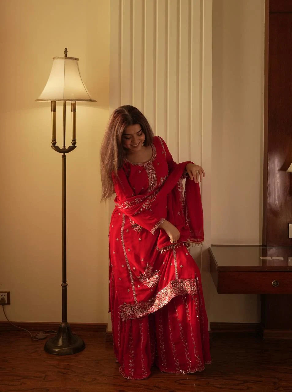 Red Embroidered Georgette Kurti Gharara Set with Dupatta