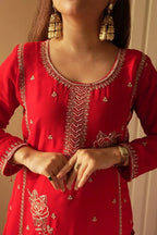Red Embroidered Georgette Kurti Gharara Set with Dupatta