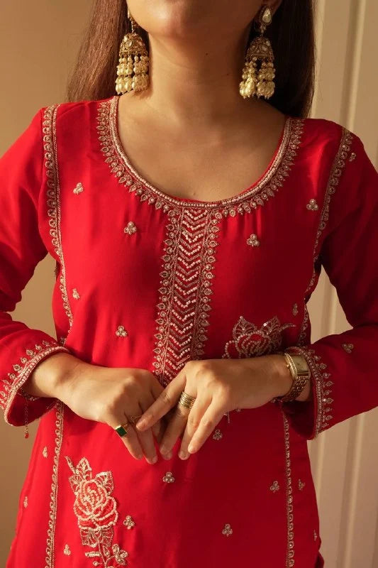 Red Embroidered Georgette Kurti Gharara Set with Dupatta