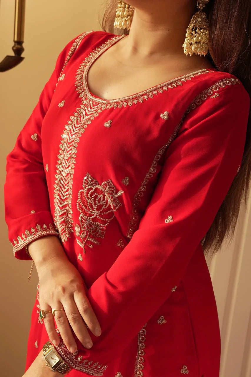 Red Embroidered Georgette Kurti Gharara Set with Dupatta