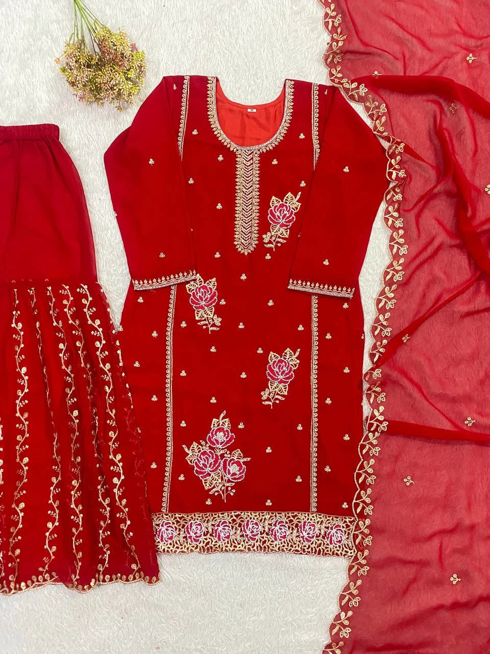 Red Embroidered Georgette Kurti Gharara Set with Dupatta
