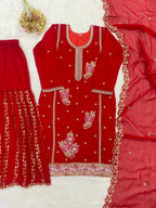 Red Embroidered Georgette Kurti Gharara Set with Dupatta