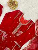 Red Embroidered Georgette Kurti Gharara Set with Dupatta