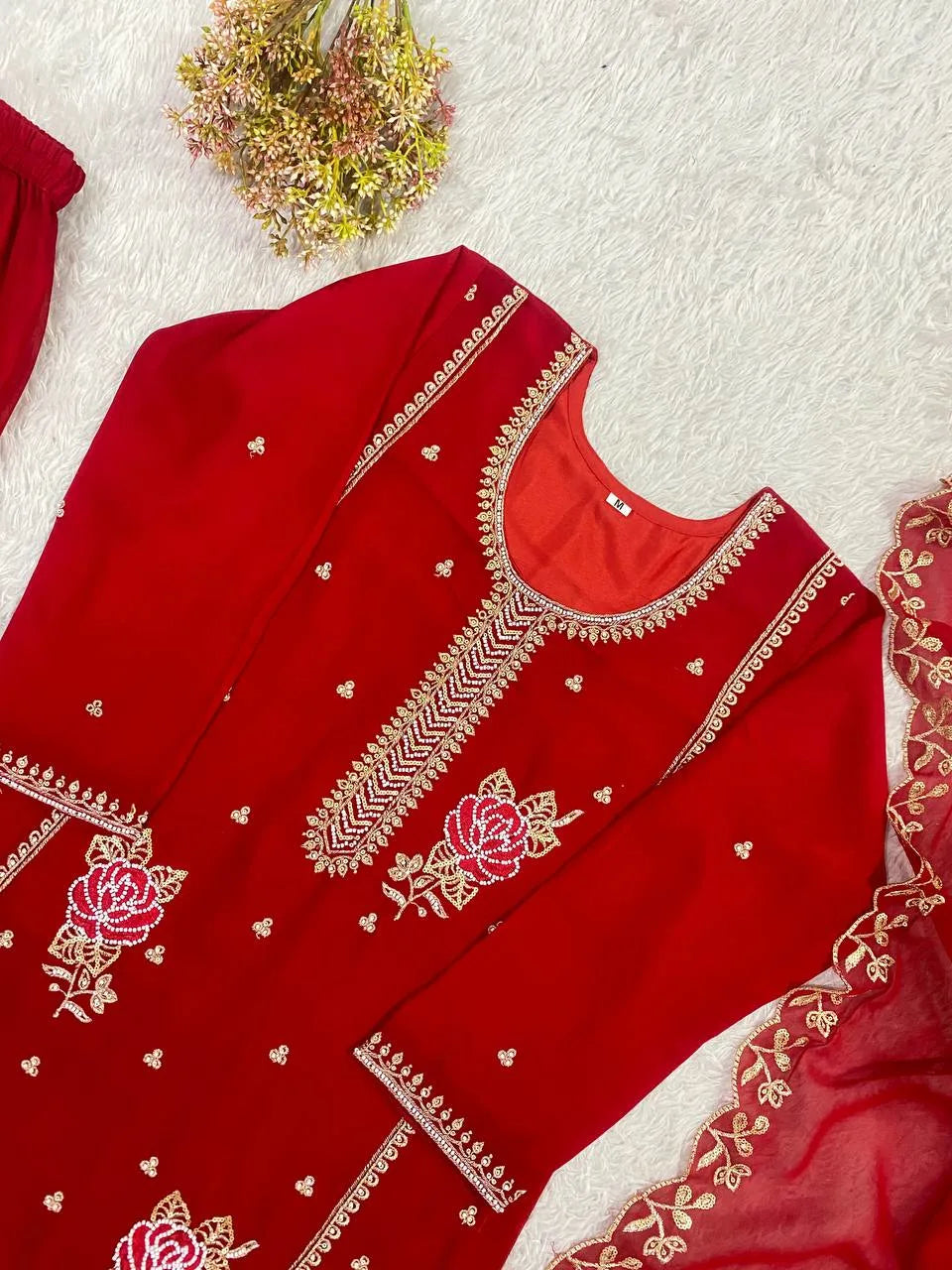 Red Embroidered Georgette Kurti Gharara Set with Dupatta