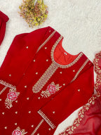 Red Embroidered Georgette Kurti Gharara Set with Dupatta