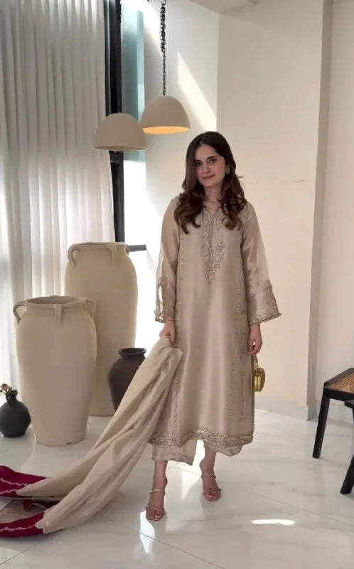 Pure GMY Silk Embroidered Top Plazzo Set with Lace Border Dupatta