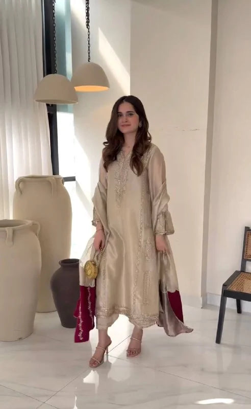 Pure GMY Silk Embroidered Top Plazzo Set with Lace Border Dupatta