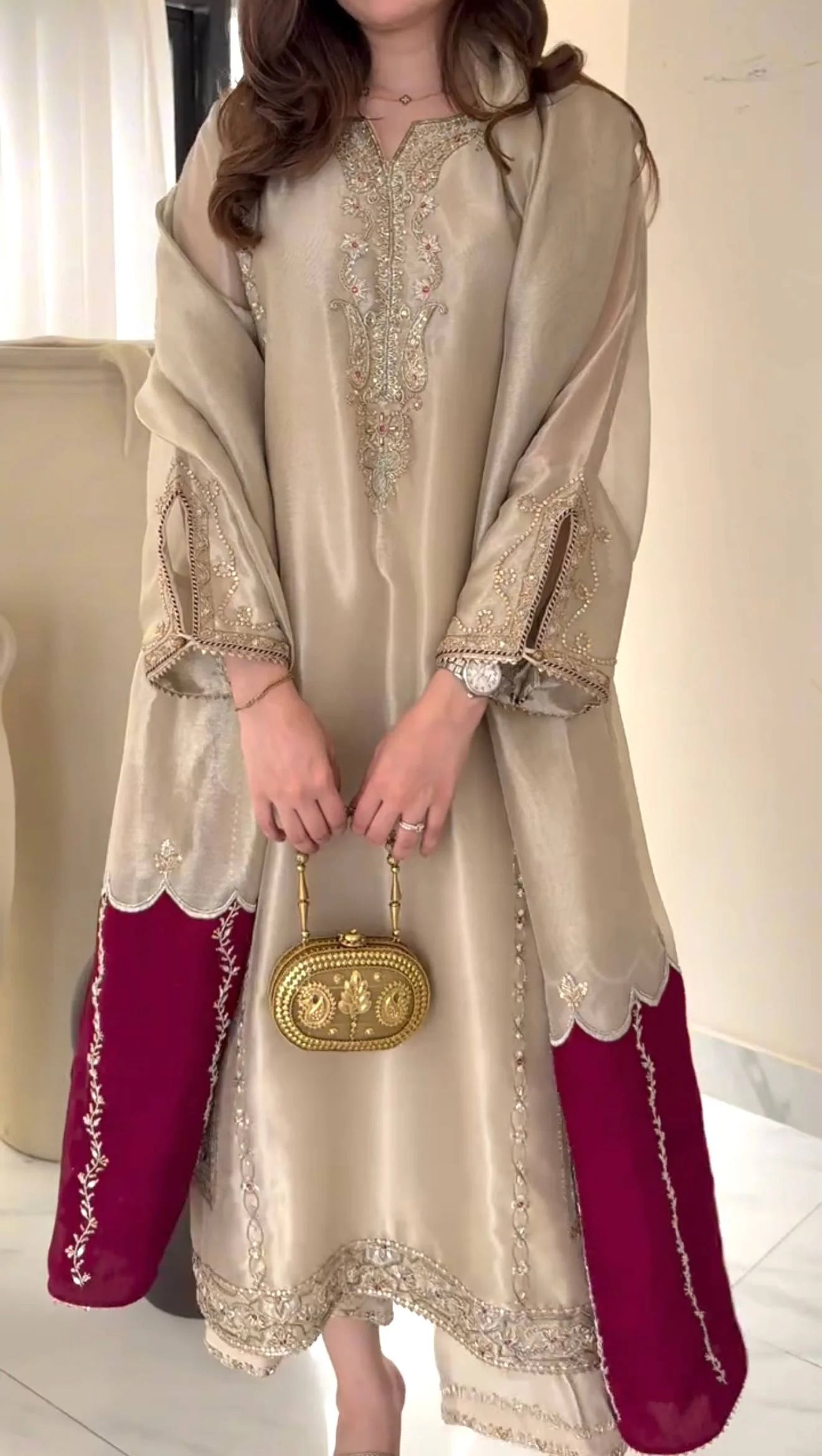 Pure GMY Silk Embroidered Top Plazzo Set with Lace Border Dupatta