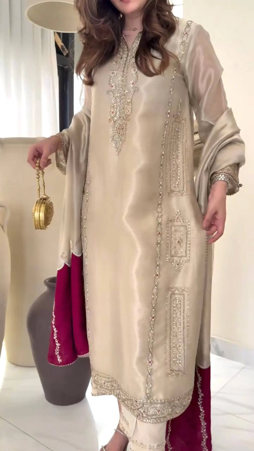 Pure GMY Silk Embroidered Top Plazzo Set with Lace Border Dupatta