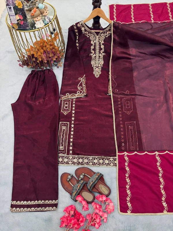 Luxury Maroon GMY Silk Sequence Embroidered Plazzo Suit Set
