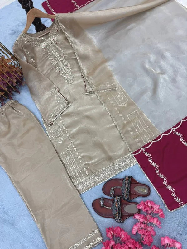 Pure GMY Silk Embroidered Top Plazzo Set with Lace Border Dupatta