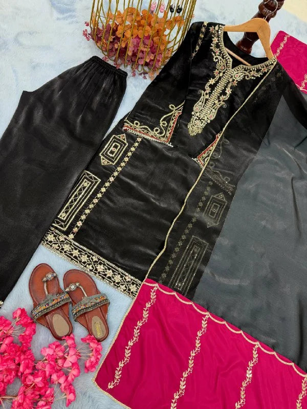 Festive Wear Black GMY Silk Top Plazzo Set with Fancy Sleeves