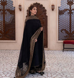 Traditional Black Natural Crepe Silk Top Bottom Suit with Lace Work Dupatta