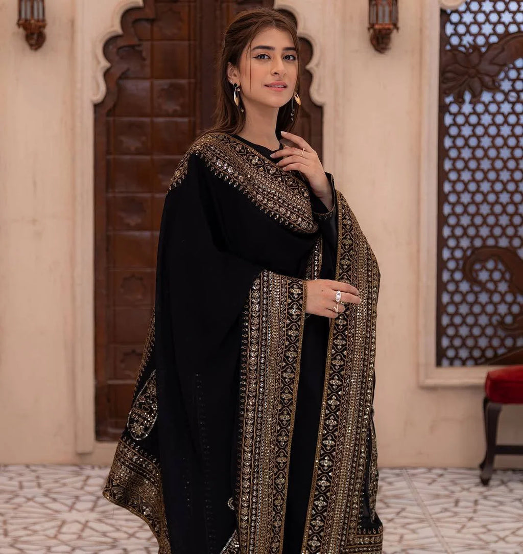 Traditional Black Natural Crepe Silk Top Bottom Suit with Lace Work Dupatta