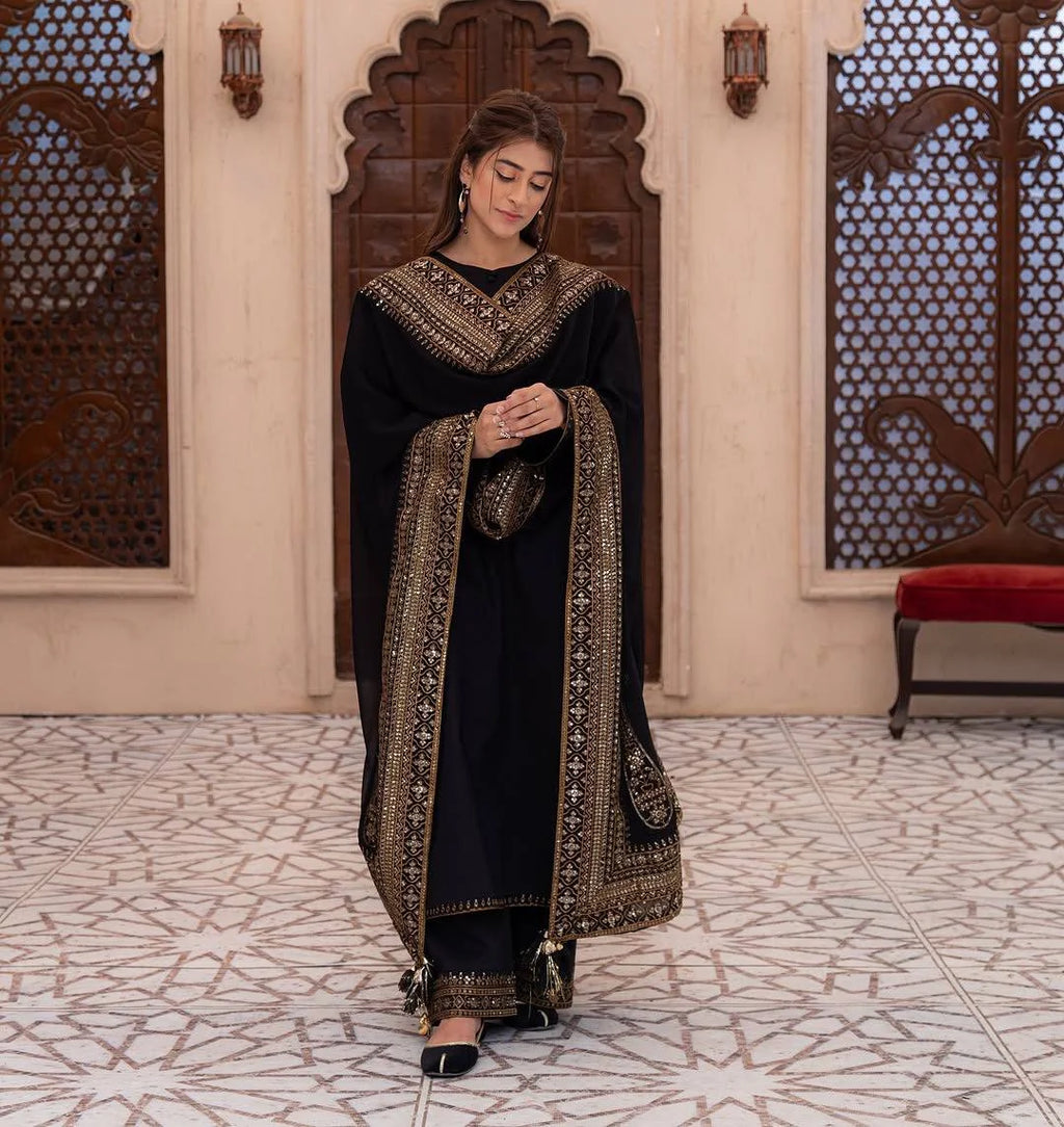 Traditional Black Natural Crepe Silk Top Bottom Suit with Lace Work Dupatta