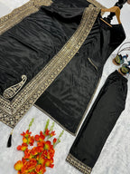 Traditional Black Natural Crepe Silk Top Bottom Suit with Lace Work Dupatta