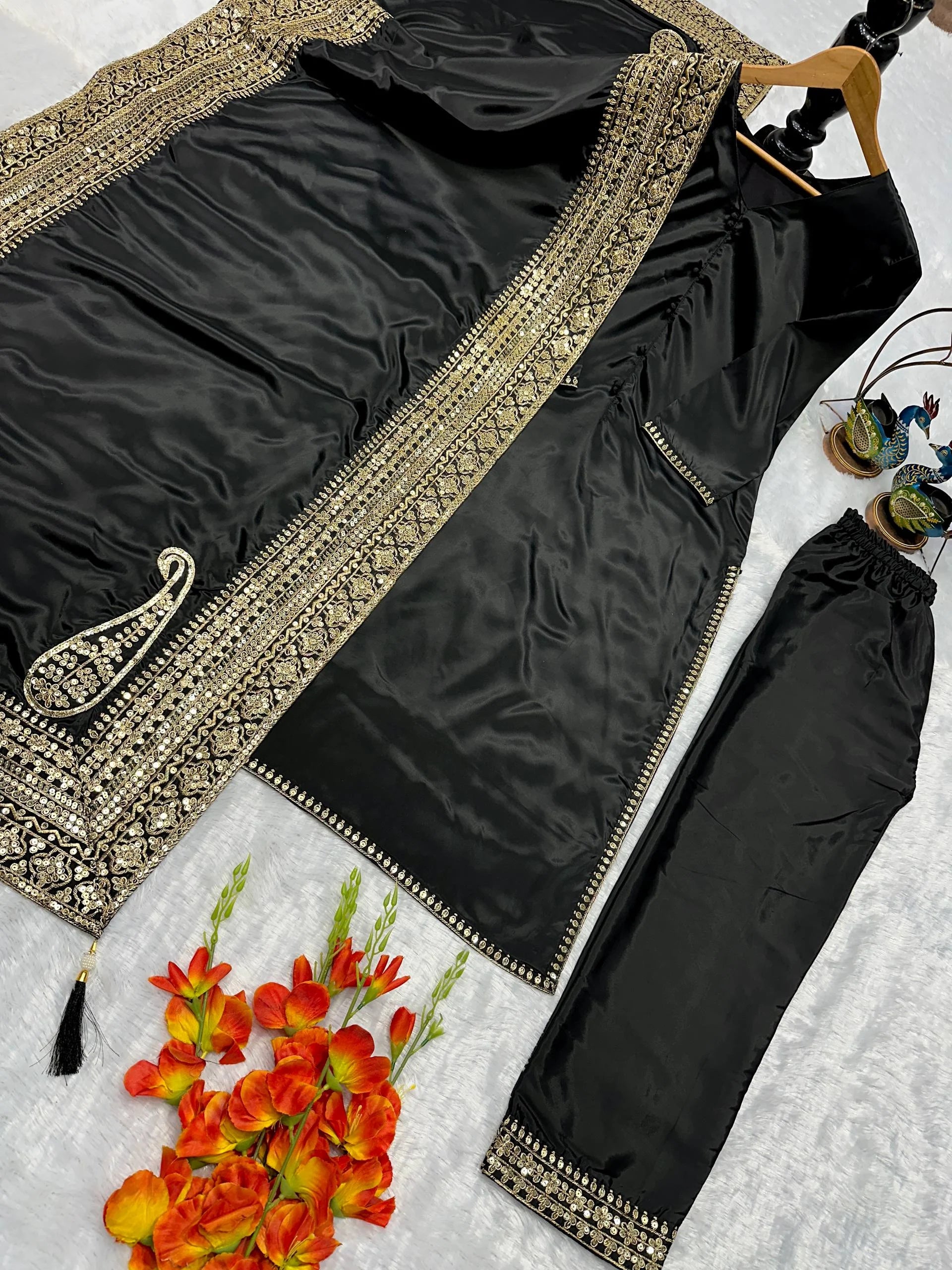 Traditional Black Natural Crepe Silk Top Bottom Suit with Lace Work Dupatta