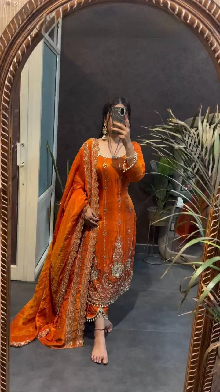 Graceful Fendy Silk Embroidered Kurti Pant Set with Designer Dupatta