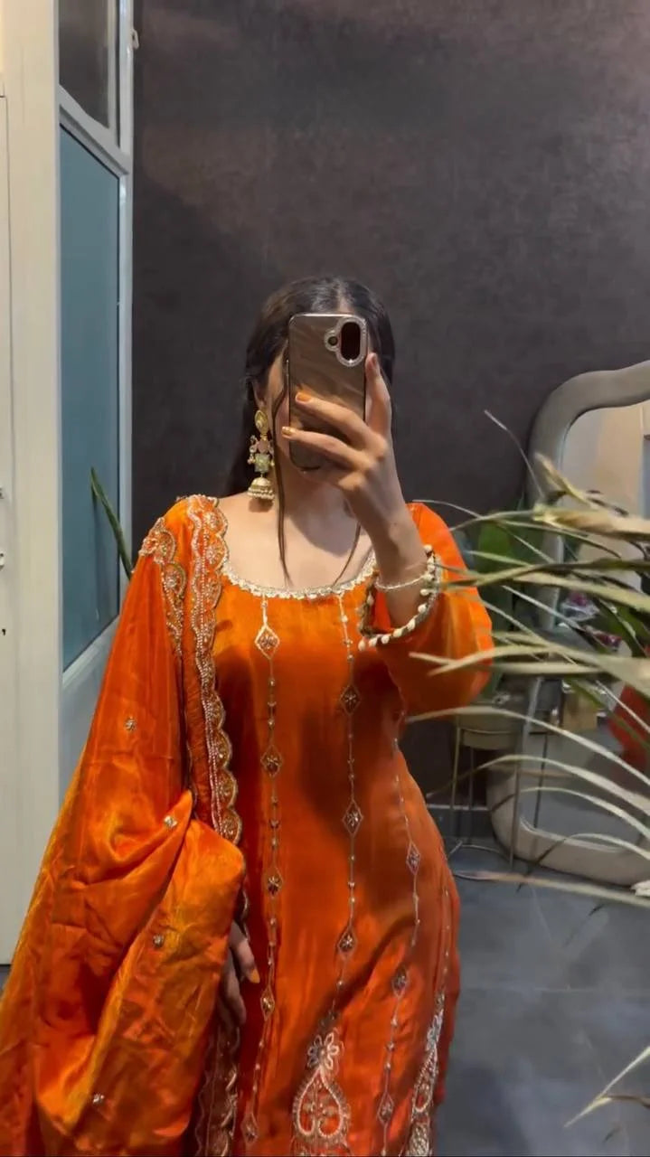 Graceful Fendy Silk Embroidered Kurti Pant Set with Designer Dupatta