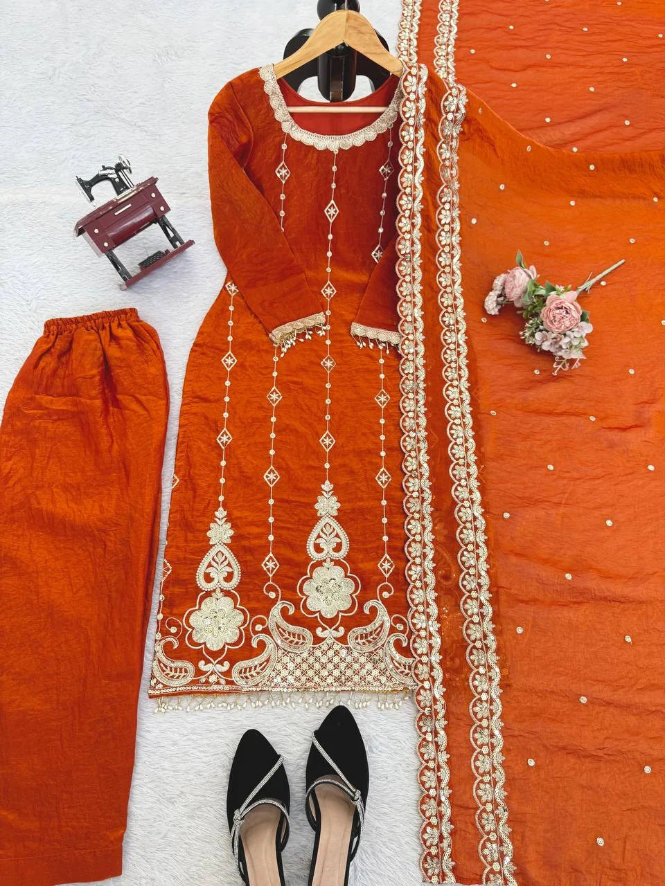 Graceful Fendy Silk Embroidered Kurti Pant Set with Designer Dupatta