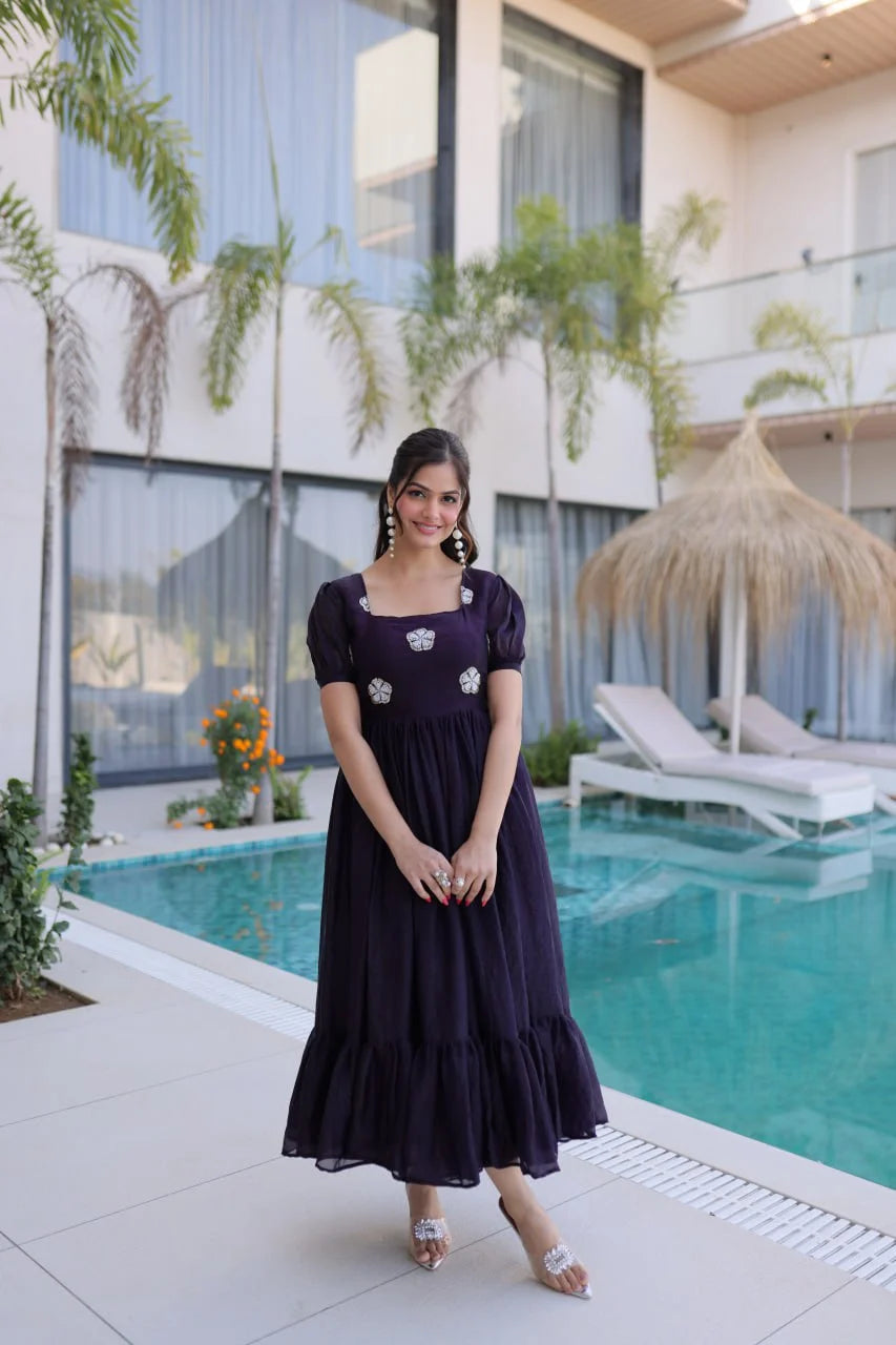 Graceful Fendi Silk Beads Embroidered Long Gown with Frill Stitch