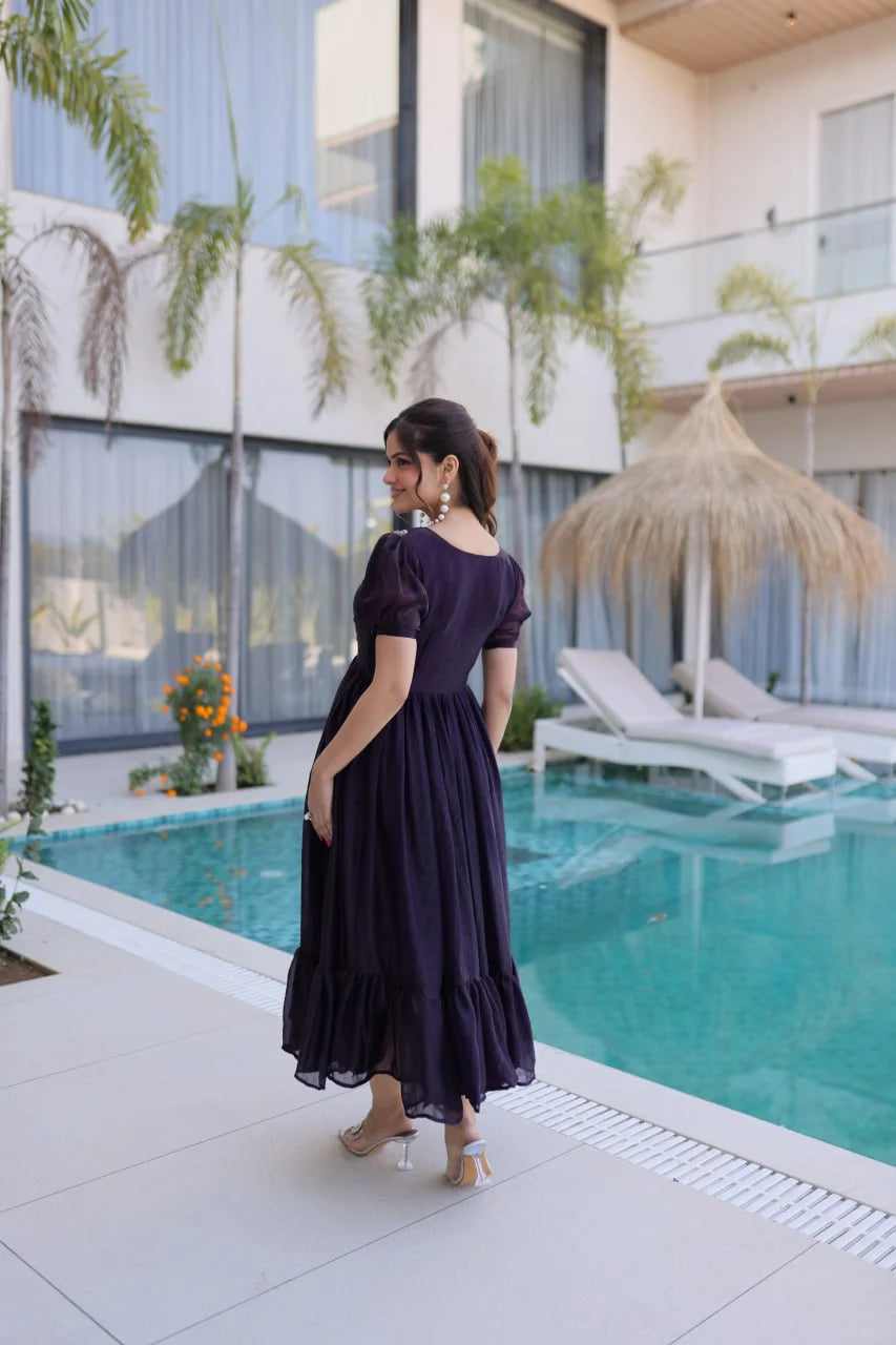 Graceful Fendi Silk Beads Embroidered Long Gown with Frill Stitch