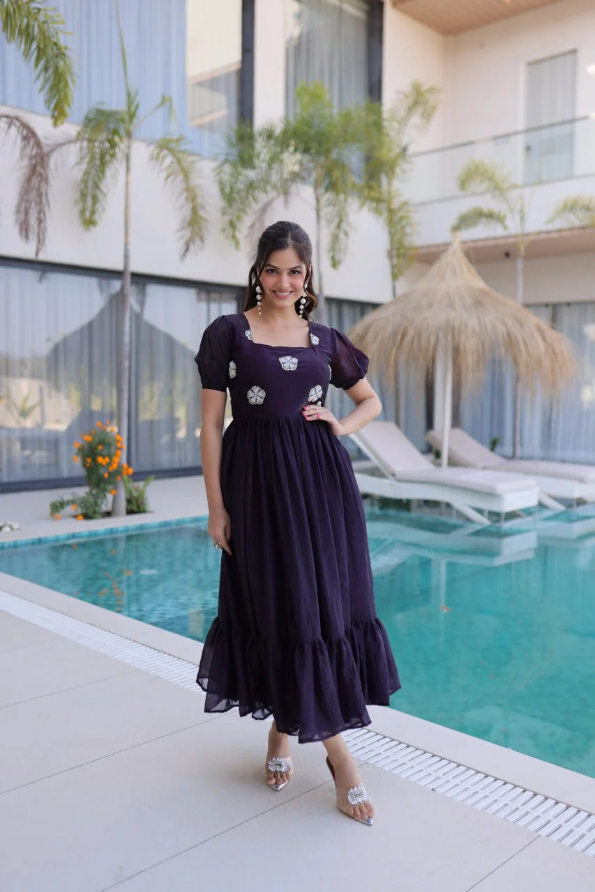 Graceful Fendi Silk Beads Embroidered Long Gown with Frill Stitch