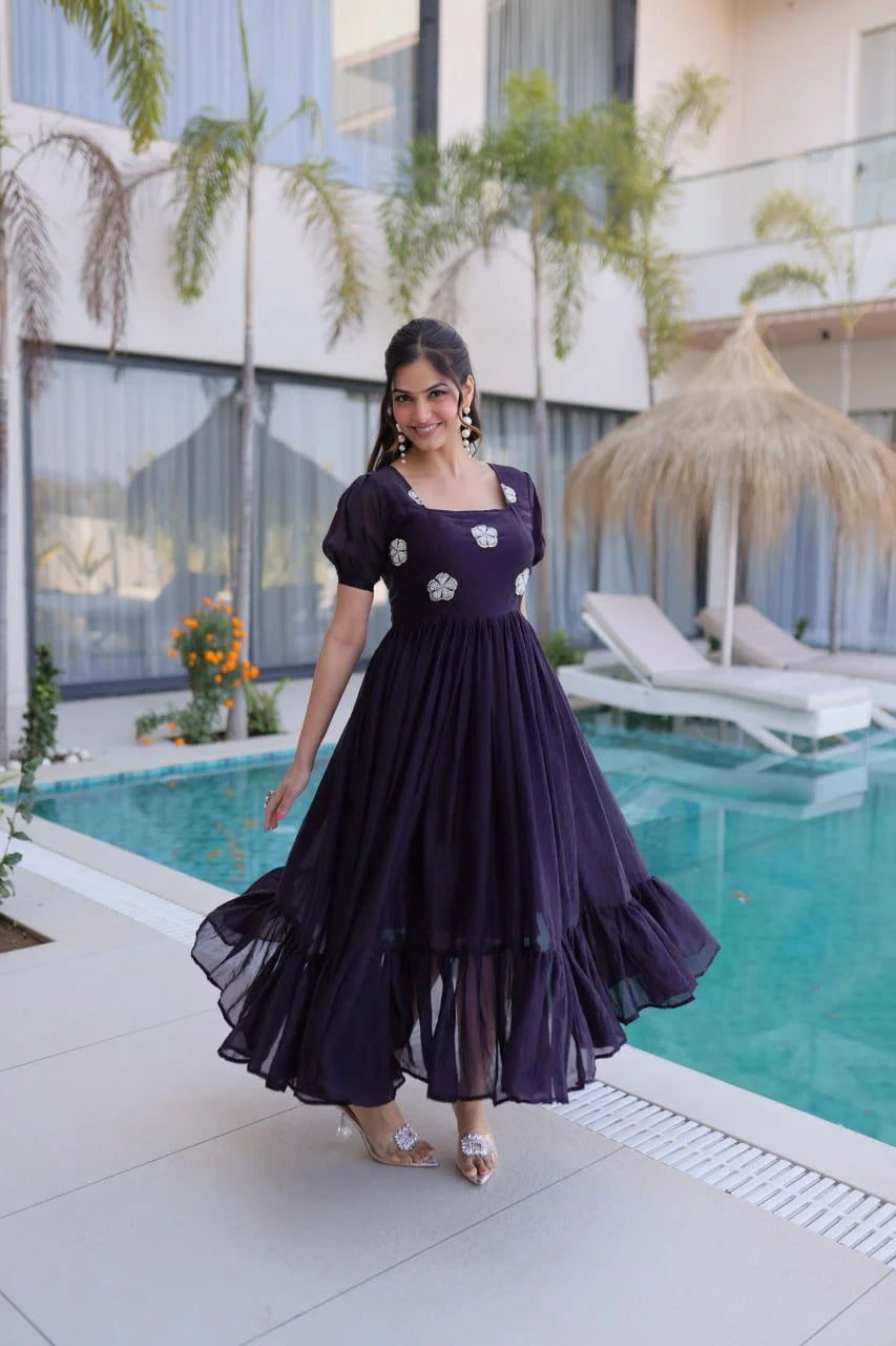 Graceful Fendi Silk Beads Embroidered Long Gown with Frill Stitch