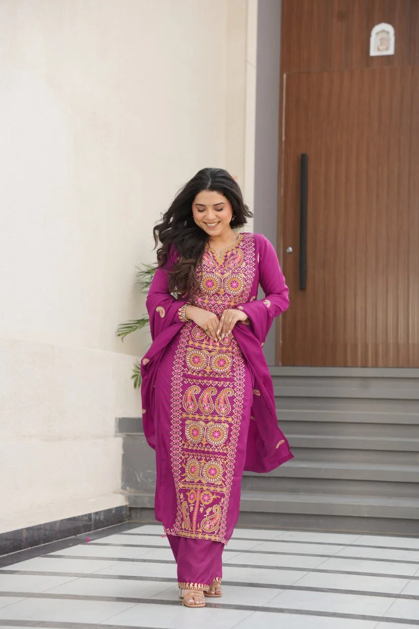 Classic Magenta Trio : Zari Thread Work Chinnon Silk Set