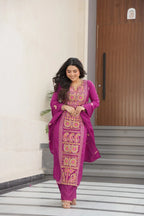 Classic Magenta Trio : Zari Thread Work Chinnon Silk Set