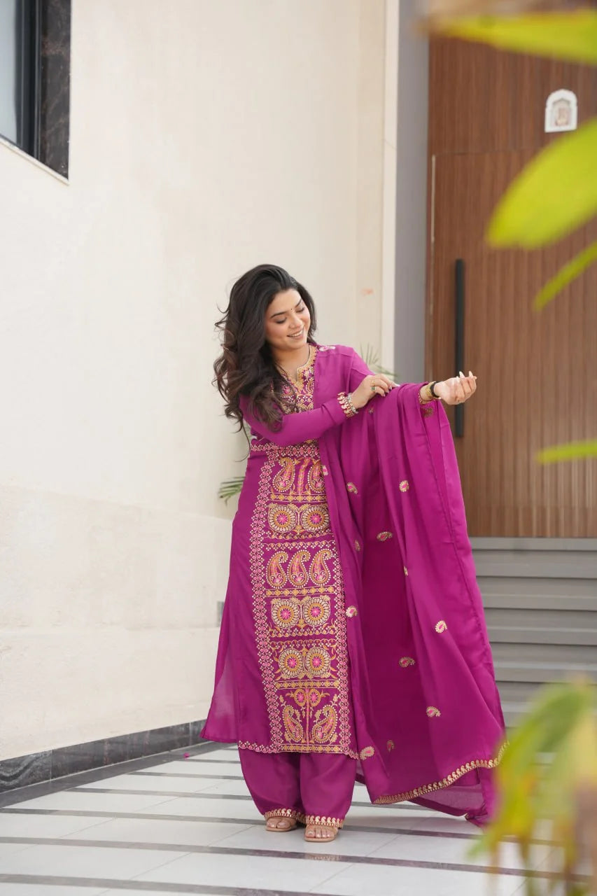 Classic Magenta Trio : Zari Thread Work Chinnon Silk Set