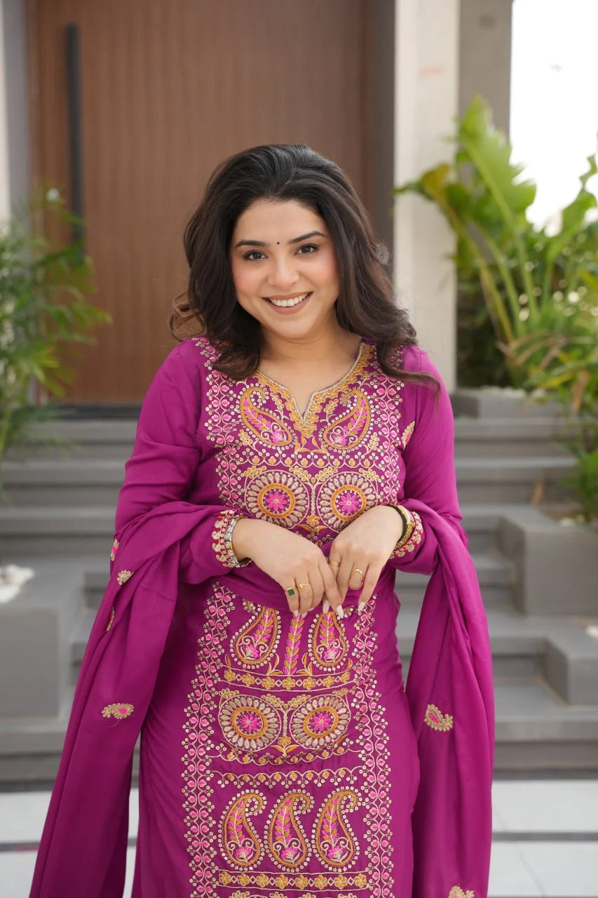 Classic Magenta Trio : Zari Thread Work Chinnon Silk Set