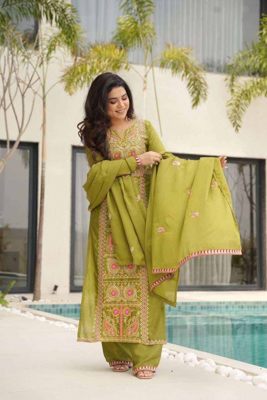 Timeless Green Elegance : Chinnon Embroidered Three-Piece Set