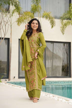 Timeless Green Elegance : Chinnon Embroidered Three-Piece Set