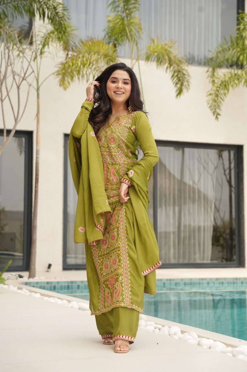 Timeless Green Elegance : Chinnon Embroidered Three-Piece Set