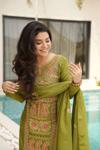 Timeless Green Elegance : Chinnon Embroidered Three-Piece Set