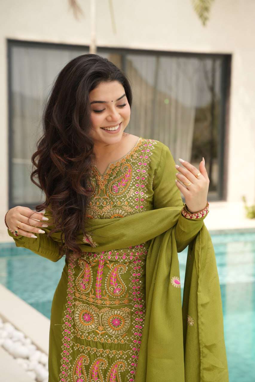 Timeless Green Elegance : Chinnon Embroidered Three-Piece Set