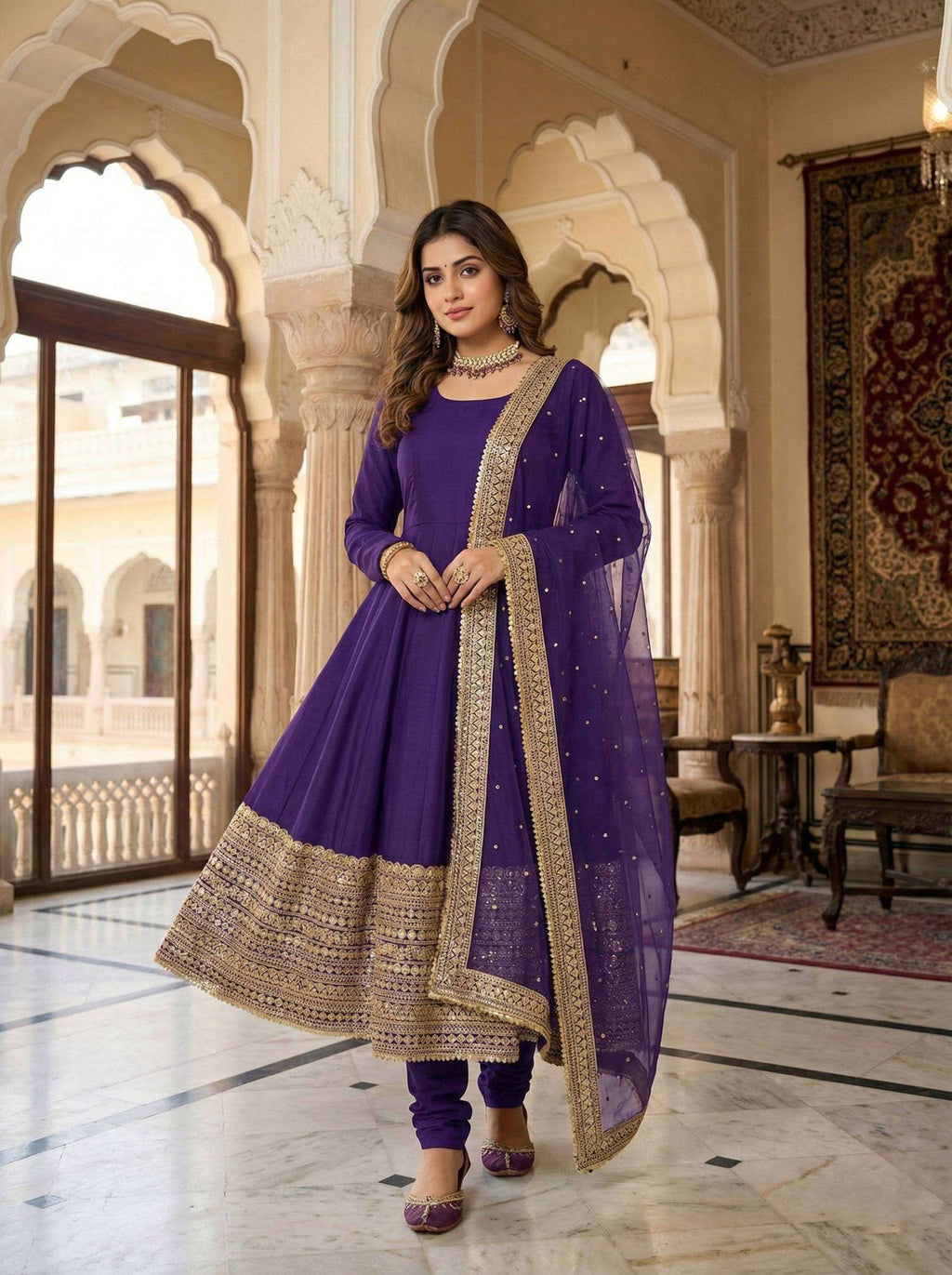 Deep Violet Anarkali Gown with Fox Georgette Lace Border Dupatta