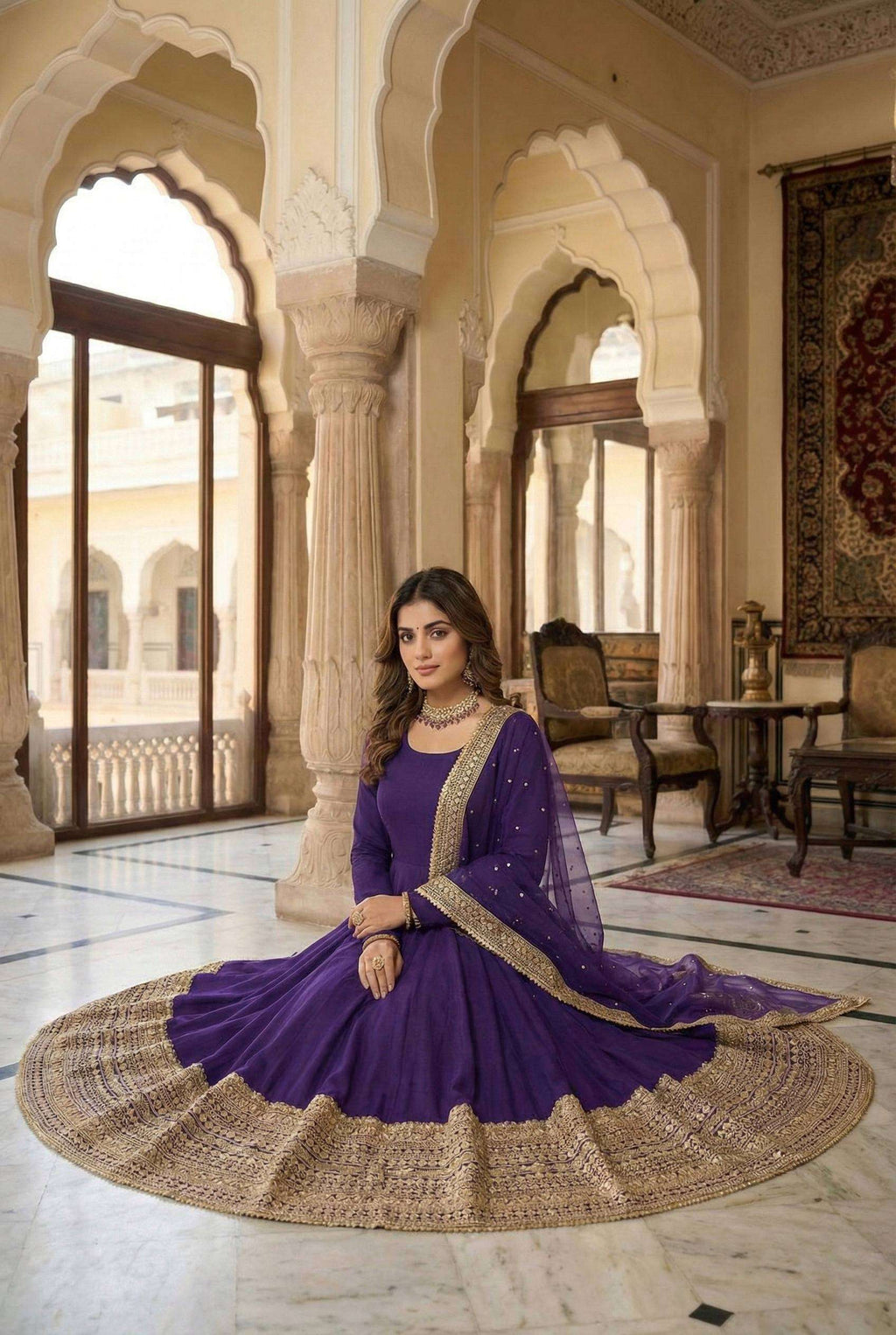 Deep Violet Anarkali Gown with Fox Georgette Lace Border Dupatta