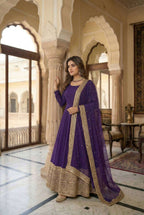Deep Violet Anarkali Gown with Fox Georgette Lace Border Dupatta
