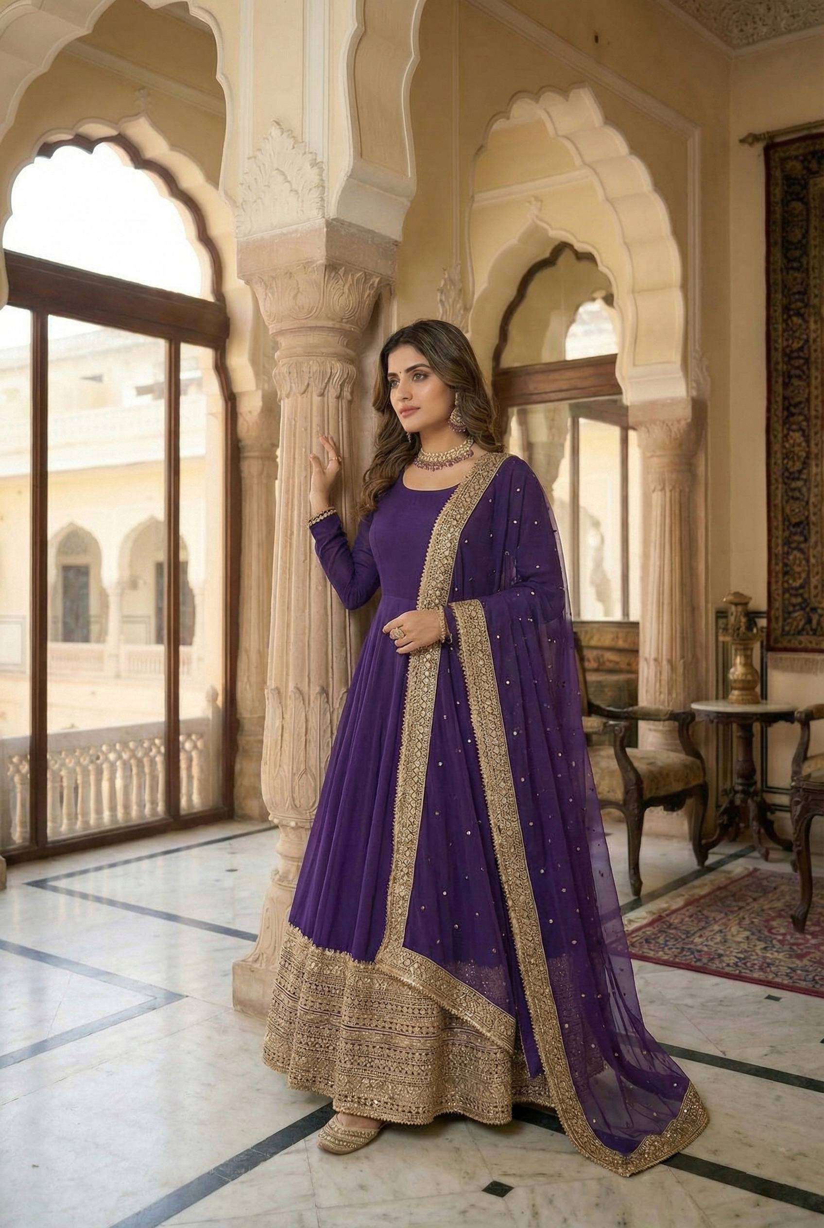 Deep Violet Anarkali Gown with Fox Georgette Lace Border Dupatta
