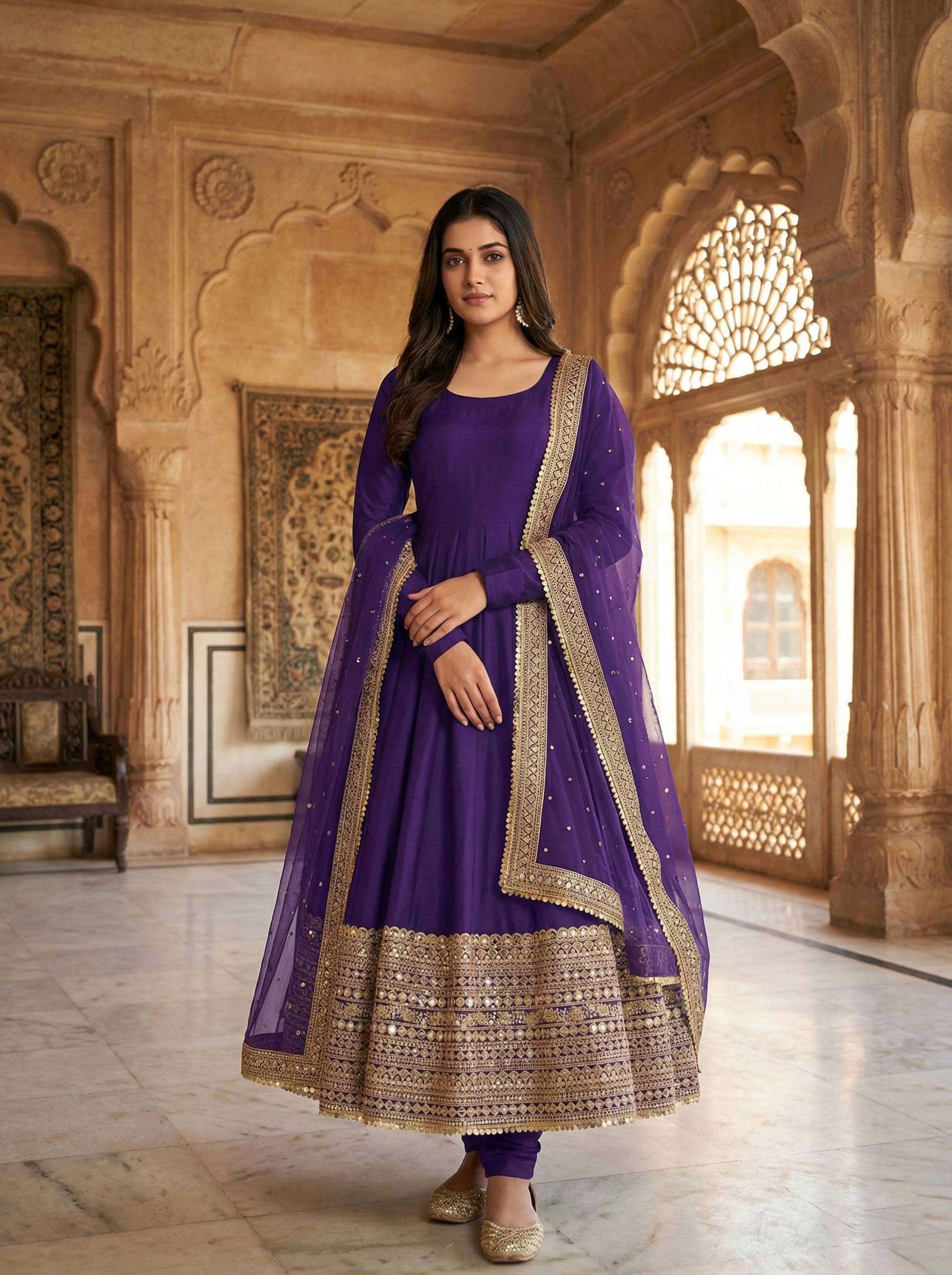 Deep Violet Anarkali Gown with Fox Georgette Lace Border Dupatta
