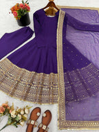 Deep Violet Anarkali Gown with Fox Georgette Lace Border Dupatta
