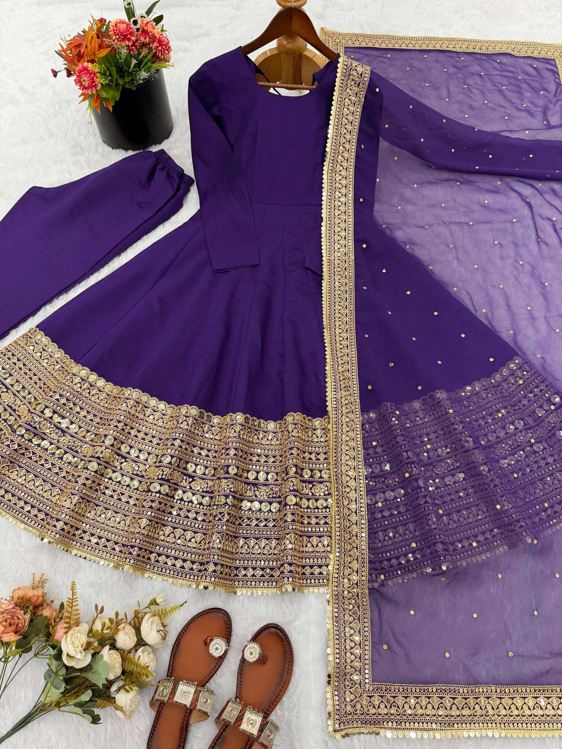 Deep Violet Anarkali Gown with Fox Georgette Lace Border Dupatta