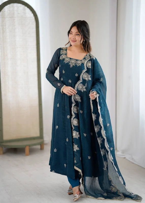 Royal Crunchy Silk Embroidered Long Gown Set with Bottom