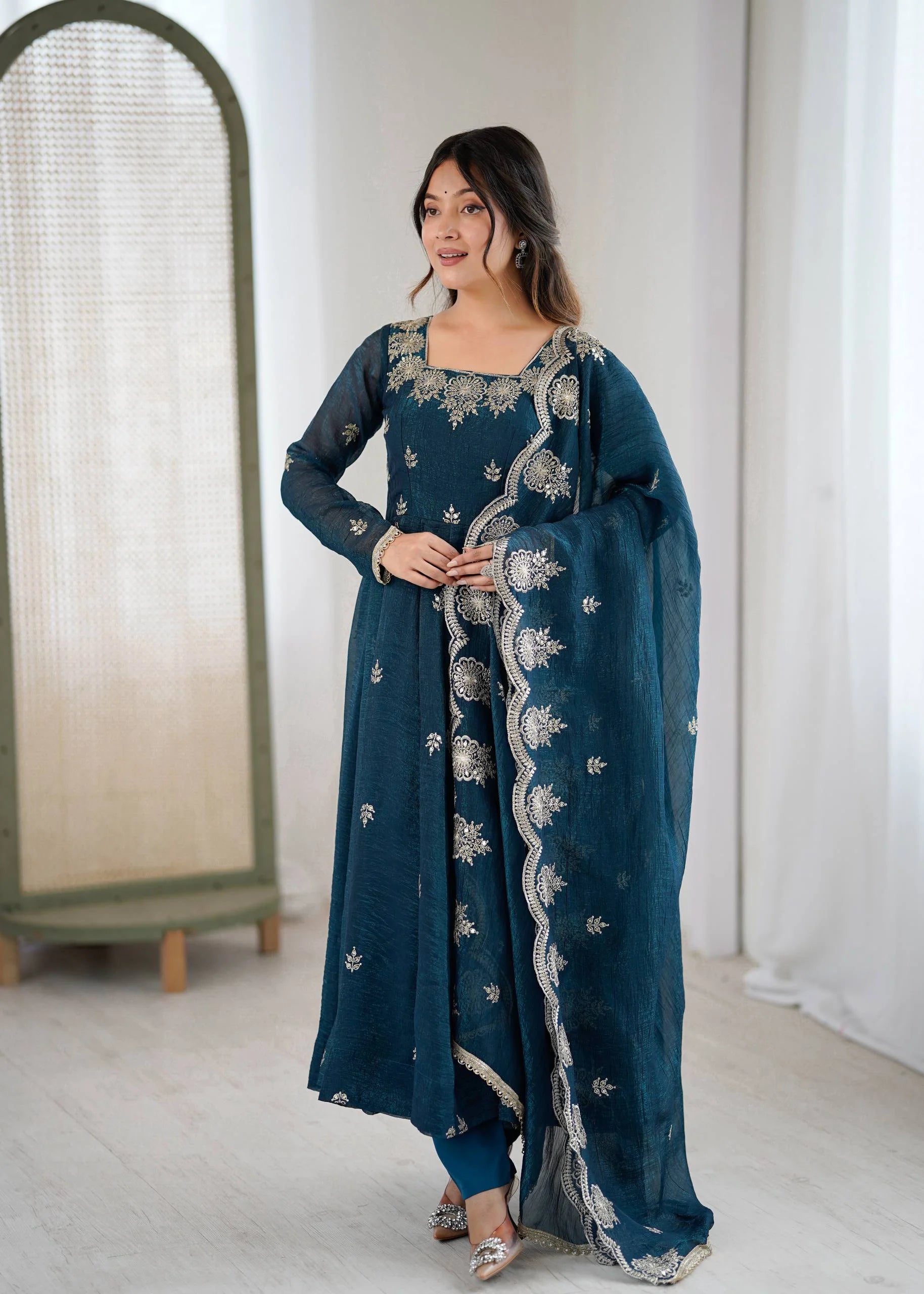 Royal Crunchy Silk Embroidered Long Gown Set with Bottom